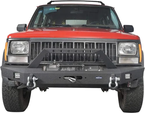 Vista 2 de Hooke Road XJ Parachoques delantero con placa de cabrestante para Jeep Cherokee XJ 1984-2001, parachoques de cabrestante de acero con luces LED