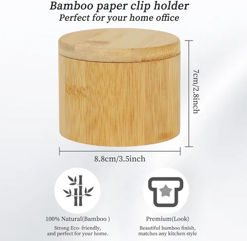 Vista 2 de Mulitbey - Soporte de clip de bambú con tapa giratoria, organizador de escritorio de madera natural para clips de papel, clips de carpeta, soporte