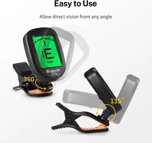 Vista 3 de Donner clip afinador de guitarra, preciso, cromático, afinador DT-2 para guitarra acústica, bajo, violín, ukelele