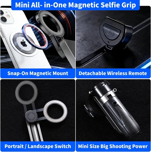 Vista 2 de Palo selfie magnético 4 en 1 para iPhone/Android, trípode extensible multifuncional de rotación de 360° con control remoto desmontable, soporte
