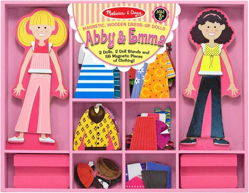 Melissa & Doug Abby and Emma - Juego de muñecas magnéticas de madera para vestir (más de 55 piezas), muñecas magnéticas, juegos de simulación y