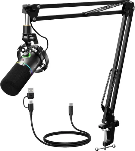 Vista 10 de MAONO Kit de micrófono dinámico XLR/USB, micrófono de podcast RGB con software, silencio, perilla de ganancia, control de volumen, brazo de brazo