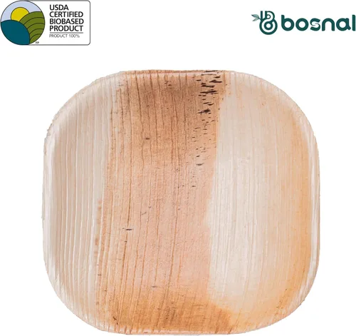 Vista 8 de BOSNAL - Platos biodegradables de hoja de palma, 4 pulgadas, cuadrados, 25 piezas, compostables, estilo de bambú y madera, apilables, grado