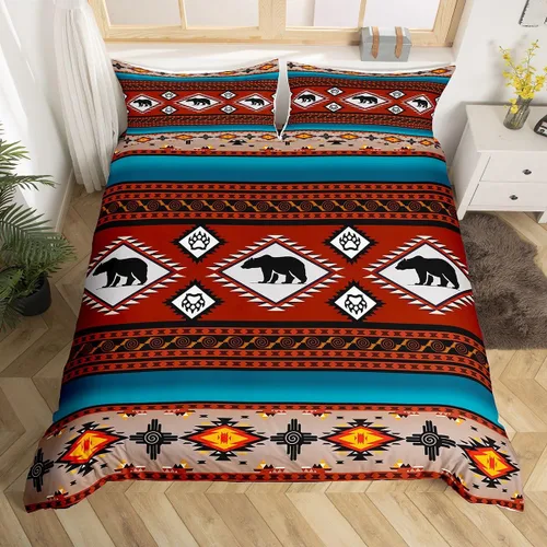 Vista 31 de Juego de ropa de cama bohemio occidental, tamaño Queen, funda de edredón azteca, funda de edredón étnica tribal con flecha, decoración de campo