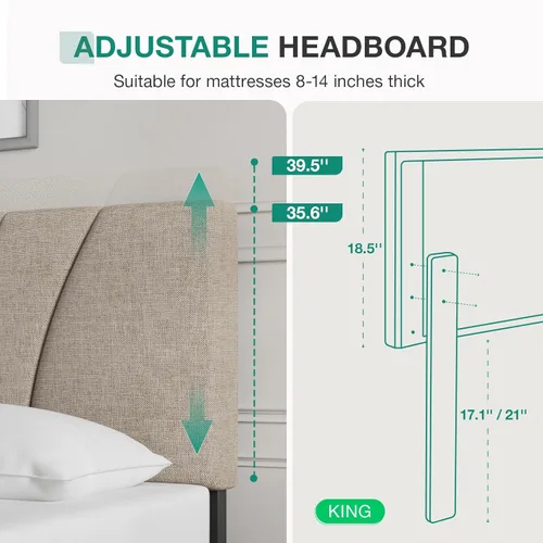 Vista 102 de Novilla Base de cama de plataforma tamaño Queen con cabecera ajustable tapizada, marco de cama Queen, no necesita somier, sin ruido, fácil montaje
