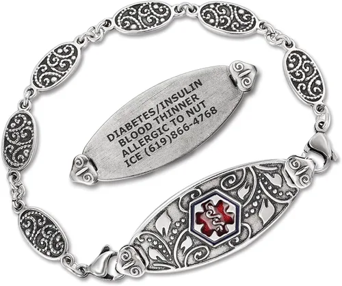 Divoti Custom Engraved Medical Alert Bracelets for Women Stainless Steel Medical Bracelet Medical ID Bracelet wAntique Silver Plating Heritage