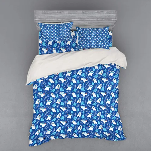 Ambesonne Northwoods Bedding Set, Polar Bear with a Fish and Arctic Coniferous Forest on Blue Backdrop, 4 Piece Duvet Cover Set with Shams and