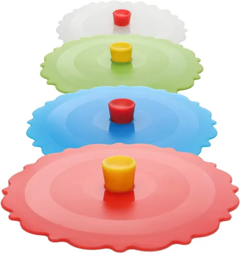 Vista 9 de Tapas de silicona para tazas (Set de 4), tapas de silicona multicolores para tazas, tazas de té, teteras, tapas flexibles para tazas, tapas
