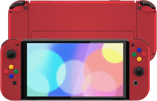 Vista 6 de eXtremeRate Vampire Red Soft Touch - Juego completo de carcasa para Nintendo Switch OLED, placa trasera de consola de repuesto y soporte de metal