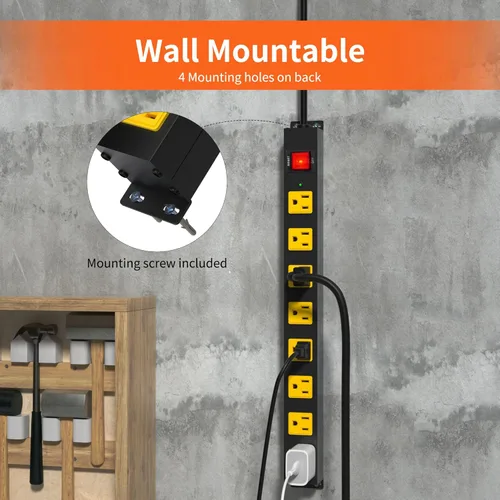 Vista 2 de Tira de alimentación larga de 8 salidas, 2 paquetes de 2100J, protector contra sobretensiones resistente de 6 pies, cable ancho espaciado y montaje