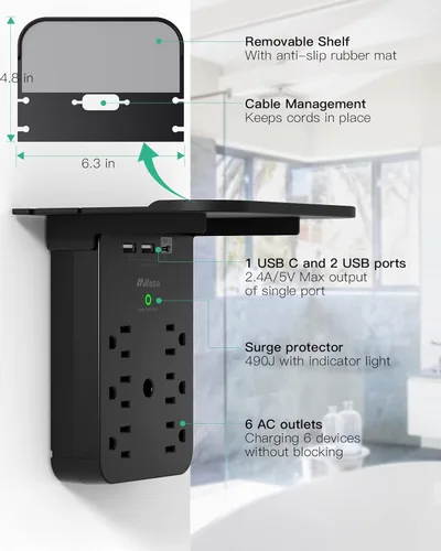 Vista 3 de Extensor de toma de corriente – Protector de sobretensiones de 6 salidas de CA con estante, 2 puertos de carga USB y USB C, expansor de enchufe