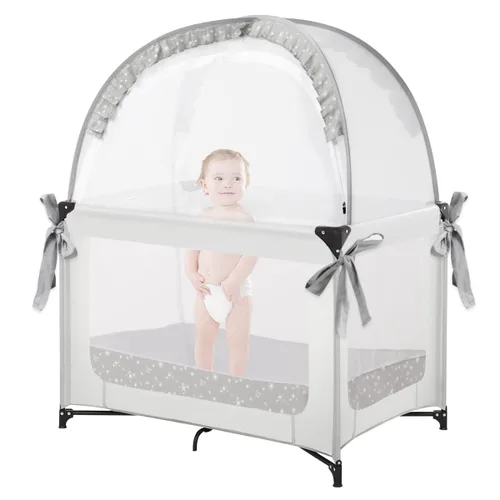 Vista 12 de L RUNNZER Tienda de campaña de seguridad para cuna, toldo desplegable para cuna para evitar que el bebé salga, mosquitera con marco resistente