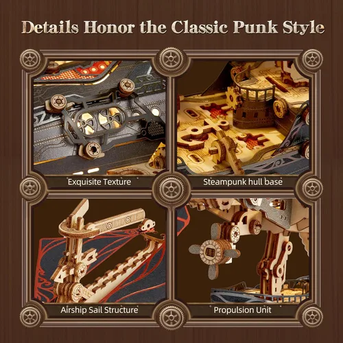 Vista 3 de FUNPOLA Rompecabezas de Madera LED 3D Modelo de Dirigible de Fantasía - Kit de Manualidades Steampunk DIY con Luces LED - Conjunto de Construcción
