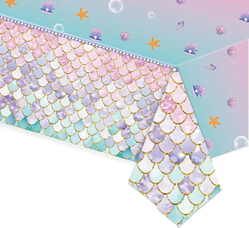 Vista 4 de MaitianGuyou Mantel de sirena con temática bajo el mar, 3 piezas, decoración de fiesta de cumpleaños, desechable, de plástico, para niñas, princesa