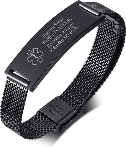MEALGUET Pulsera de malla de acero inoxidable con grabado personalizado, pulseras de identificación de alerta médica para hombres y mujeres, pulsera