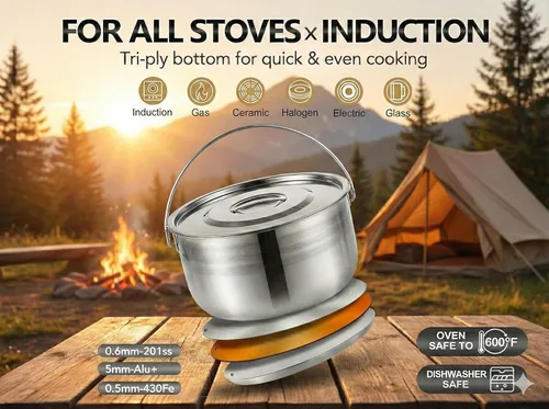 Vista 3 de Juego de utensilios de cocina para campamento, ollas y sartenes compactas de acero inoxidable para fogata Kit combinado con bolsa de viaje Juego