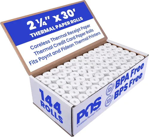 Vista 7 de 2 1/4 x 16 pies x 200 rollos de papel térmico sin BPA sin núcleo para impresoras térmicas de recibos Poynt y Pidion. Diámetro de 0.709 in