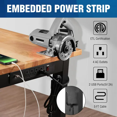 Vista 6 de WORKPRO Banco de trabajo de garaje ajustable, escritorio de trabajo resistente con parte superior de madera de goma de 48 x 22 pulgadas, con tomas