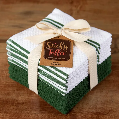 Vista 4 de Sticky Toffee Juego de 8 paños de cocina de algodón – 12x12 pulgadas en verde oscuro y blanco, paños de cocina reutilizables y absorbentes paños