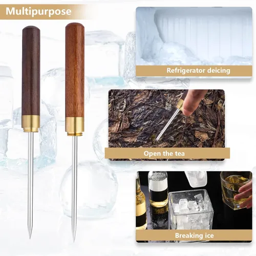 Vista 5 de Palillos de hielo de 9 pulgadas con mango de madera de acero inoxidable con cubierta para cocina, bares, camareros, pícnics, camping y restaurante