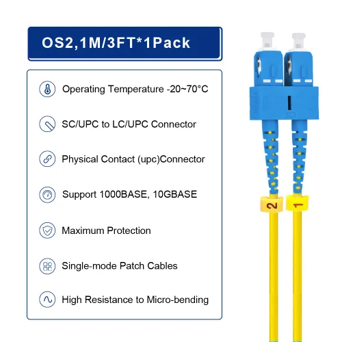Vista 3 de Cable de conexión de fibra de 1M OS2 SC a LC Opciones de longitud: 1m-50m, Cable de fibra óptica de modo único 1G/10G dúplex 9/125um SMF LSZH de 1