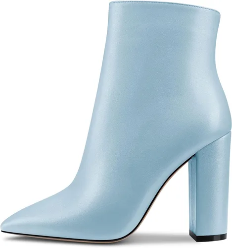 Vista 2 de Aachcol Botas de tobillo para mujer, botines cortos con puntera puntiaguda, tacón alto, con cremallera mate, 4 pulgadas