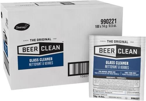 Limpiador de vidrio Diversey Beer Clean, paquetes de 0,5 oz (paquete de 100) – Compuesto en polvo concentrado para agua fría/caliente, detergente