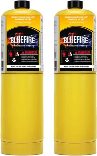 BLUEFIRE (2) cilindro de gas MAPP moderno de 14.1 onzas, 99.9% de propileno de alta pureza igual a MAP-PRO más caliente que el combustible de la