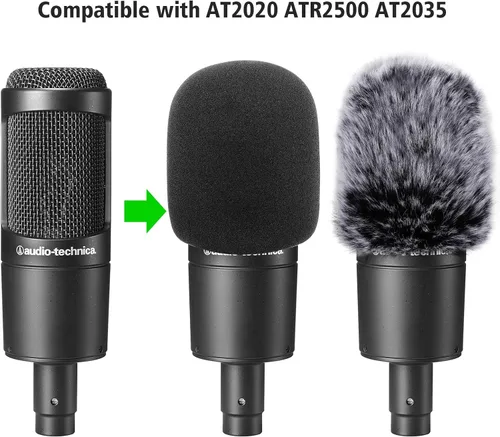 Vista 2 de Filtro Antipop de Parabrisas Compatible con AT2020, Funda de Espuma de Micrófono + Protector de Viento Peludo Compatible con Audio Technica at2020