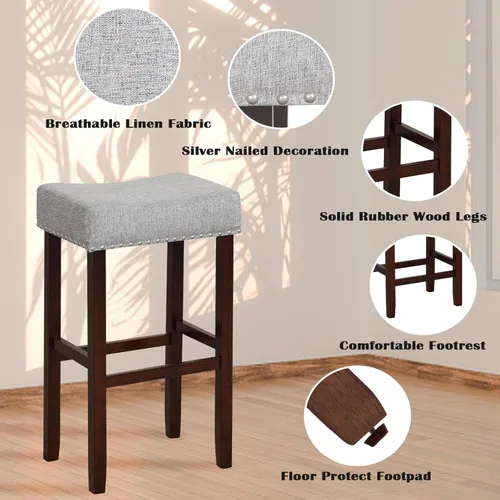 Vista 4 de ERGOMASTER Taburetes de bar, 29 pulgadas, modernos taburetes de sillín, madera de caucho, gris claro/marrón, juego de 2