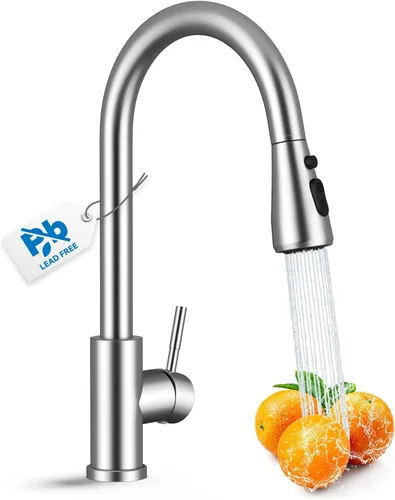 VFAUOSIT - Grifo de cocina con rociador extraíble, grifo de fregadero de cocina sin plomo, níquel cepillado, acero inoxidable, moderno, arco alto,