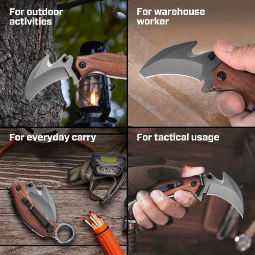 Vista 9 de Cuchillo de bolsillo para hombres – Cuchillo plegable Karambit – Acero afilado 440C, hoja de garra de tigre – Cuchillos de bolsillo grabados