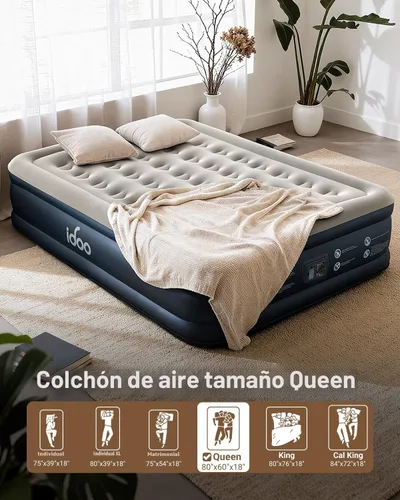 Vista 4 de iDOO - Colchón de aire tamaño Queen con bomba integrada, colchón inflable elevado de 18 pulgadas, cama de aire portátil de cuatro cámaras mejorada