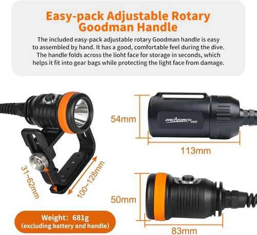 Vista 5 de ORCATORCH D620 V2.0 Canister Primario Luz de Buceo 2700 Lumen 3 Modos Técnico Buceo Linterna Submarina 492.1 ft Antorcha de Buceo para Espeleología