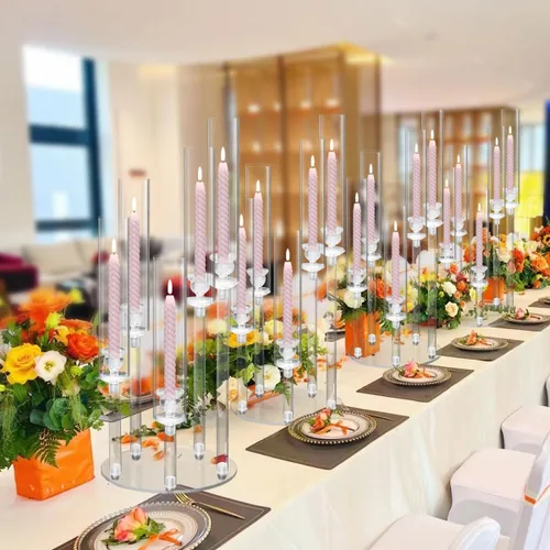 Vista 5 de Centro de mesa de candelabro acrílico para mesa, 5 brazos, candelabros transparentes, soportes para centro de mesa de boda, para fiesta, baby