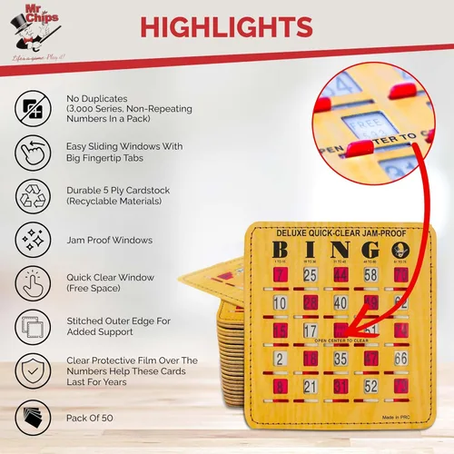 Vista 3 de MR CHIPS Quick Clear 50 tarjetas de bingo a prueba de atascos con ventanas deslizantes y tablero maestro