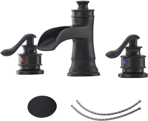 BWE Grifo de baño negro generalizado cascada de 3 agujeros con desagüe desplegable con ensamblaje de desbordamiento y manguera de suministro de 8