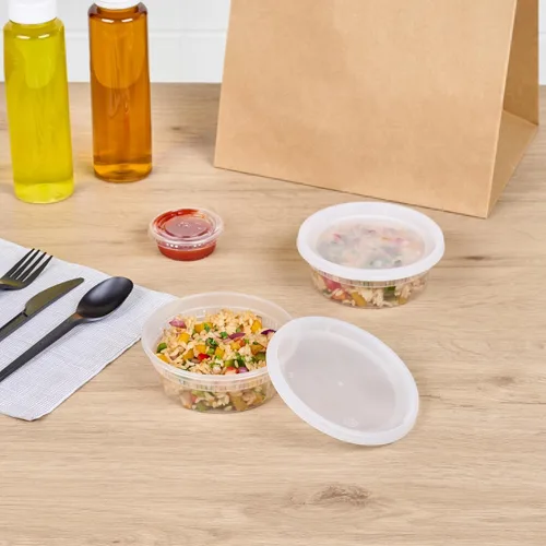 Vista 4 de Restaurantware -Asporto - Cajas para llevar de 8 onzas, 25 recipientes redondos para sopa para microondas - Tapas de plástico transparente