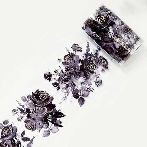 Vista 21 de WT Cinta ancha de PET azul cobalto, rollo individual, diseños originales, decoraciones florales, adhesivo transparente claro, diario basura