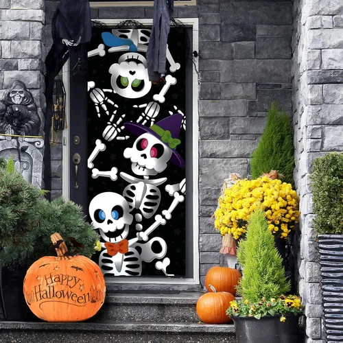 Vista 7 de JOYIN 3 piezas de 30 x 72 pulgadas para puerta de esqueleto, decoración de Halloween, decoración de interiores, casa embrujada, decoración