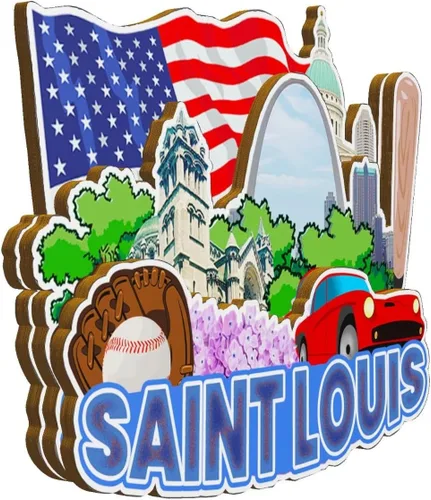 Vista 2 de Imán de madera para nevera de San Luis, Missouri, Estados Unidos, monumentos 3D, recuerdos coleccionables, decoración hecha a mano -2797