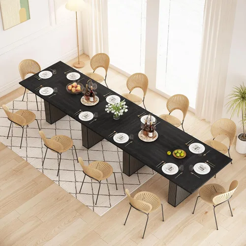 Vista 6 de Mesa de comedor rectangular de 198 cm para 6 a 10 personas, mesa de cocina estilo granja con estrías, mesa larga de madera moderna para cocina