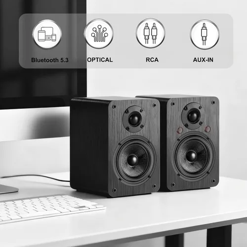 Vista 2 de LONPOO Altavoces Bluetooth para repisa, Altavoces con alimentación de 60W con Bluetooth/AUX-in/Óptica/RCA, Woofer de 4" y Tweeter de 1" (Negro)