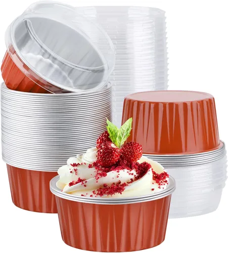 Vista 30 de EUSOAR Vasos para cupcakes con tapas, paquete de 50 forros para magdalenas de 5 onzas de colores surtidos, moldes desechables de papel de aluminio