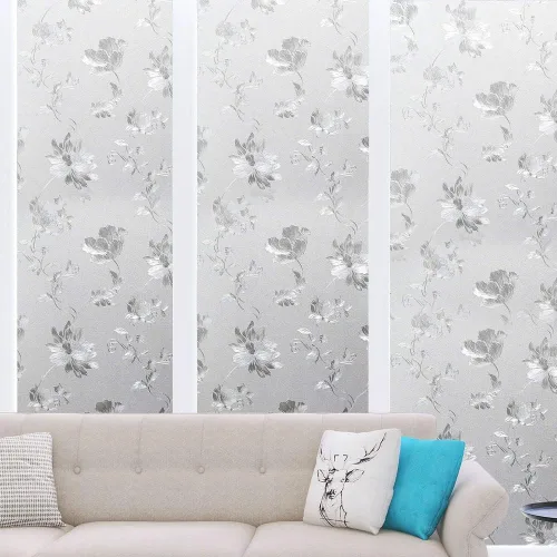 Vista 2 de Película de privacidad, adhesivo extraíble con bloqueo solar, calcomanías decorativas de vidrio, vinilo de adherencia estática sin pegamento, flores
