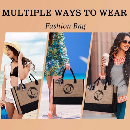 Vista 4 de YOOLIFE Bolsa de viaje con inicial de yute y correa ajustable con cremallera ajustable para el día de la madre, regalos de cumpleaños para mujeres