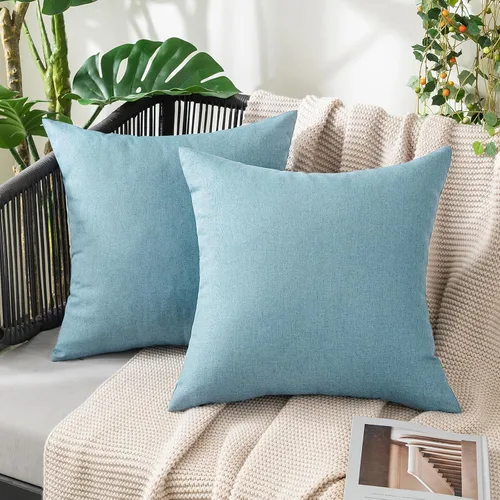 Vista 49 de MIULEE - Paquete de 2 fundas de almohada decorativas para exteriores, impermeables, sólidas, de imitación de lino, para jardín, casa de campo, Azul