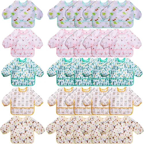 Vista 11 de Tarpop Baberos de manga larga para bebés, paquete múltiple, impermeables, de manga suave, para bebés y niños pequeños que comen alimentación