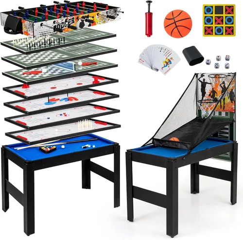 GYMAX Mesa de juego múltiple de 48 pulgadas, 14 en 1 combinada con baloncesto, billar, futbolín, ping pong, hockey, shuffleboard, bolos, ajedrez,