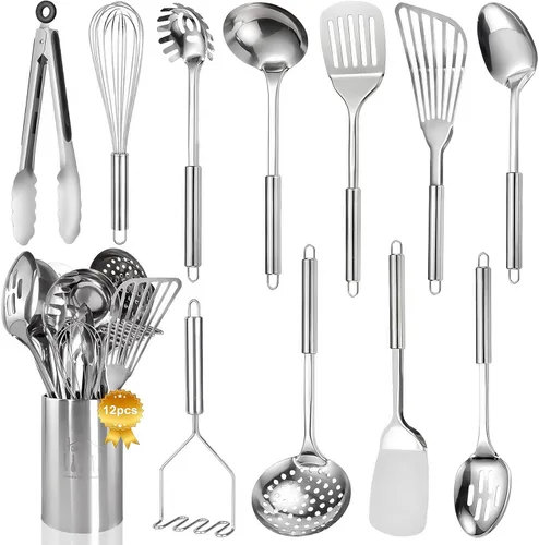 Juego de utensilios de cocina de acero inoxidable – Juego de utensilios de cocina de 12 piezas con soporte, juego de herramientas de cocina